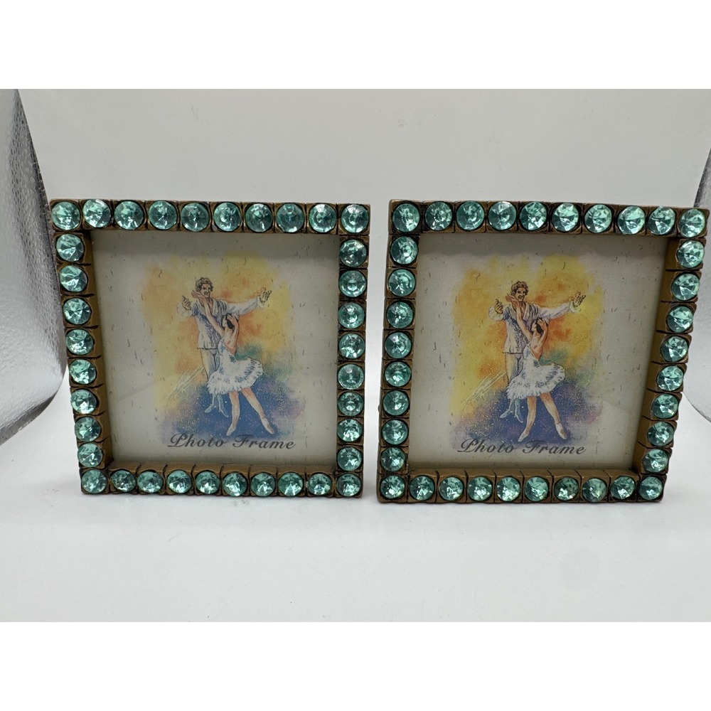 Imp Square Peridot Rhinestone Jeweled Photo Frames 3.5x3.5 Brass Tone Set of 2